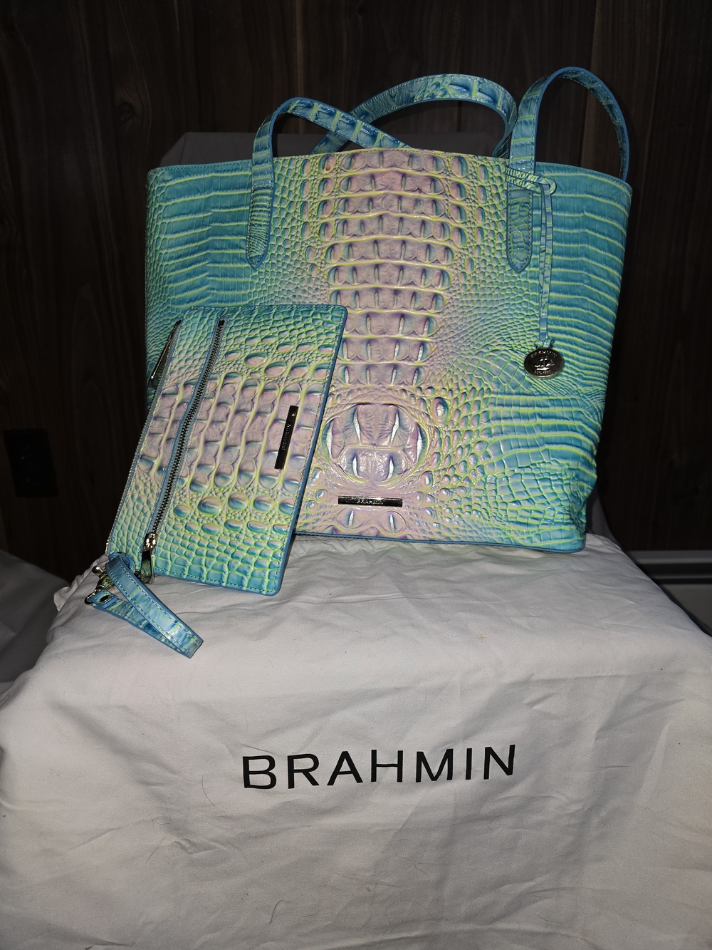Brahmin Turquoise Multi Croc-Embossed Tote with Wristlet